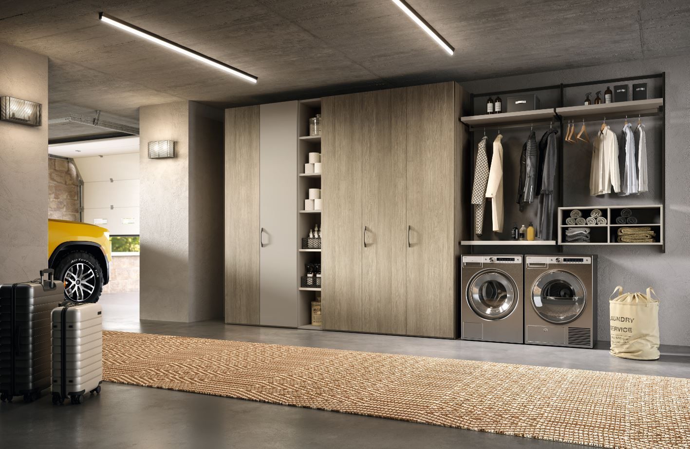 mobile smart con armadietti, lavatrice/asciugatrice, stendibiancheria e tappeto. Colori grigio, beige e legno.