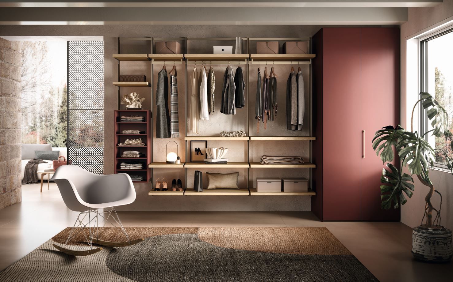 Armadio aperto con vestiti, scaffali e un mobile rosso in una camera da letto moderna con tappeto e sedia.
