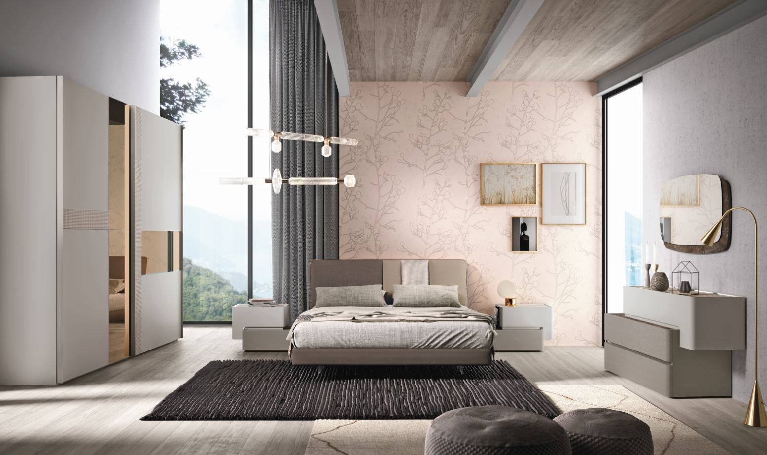 Camera da letto moderna con mobili grigi e beige, ampie finestre e un tappeto nero.