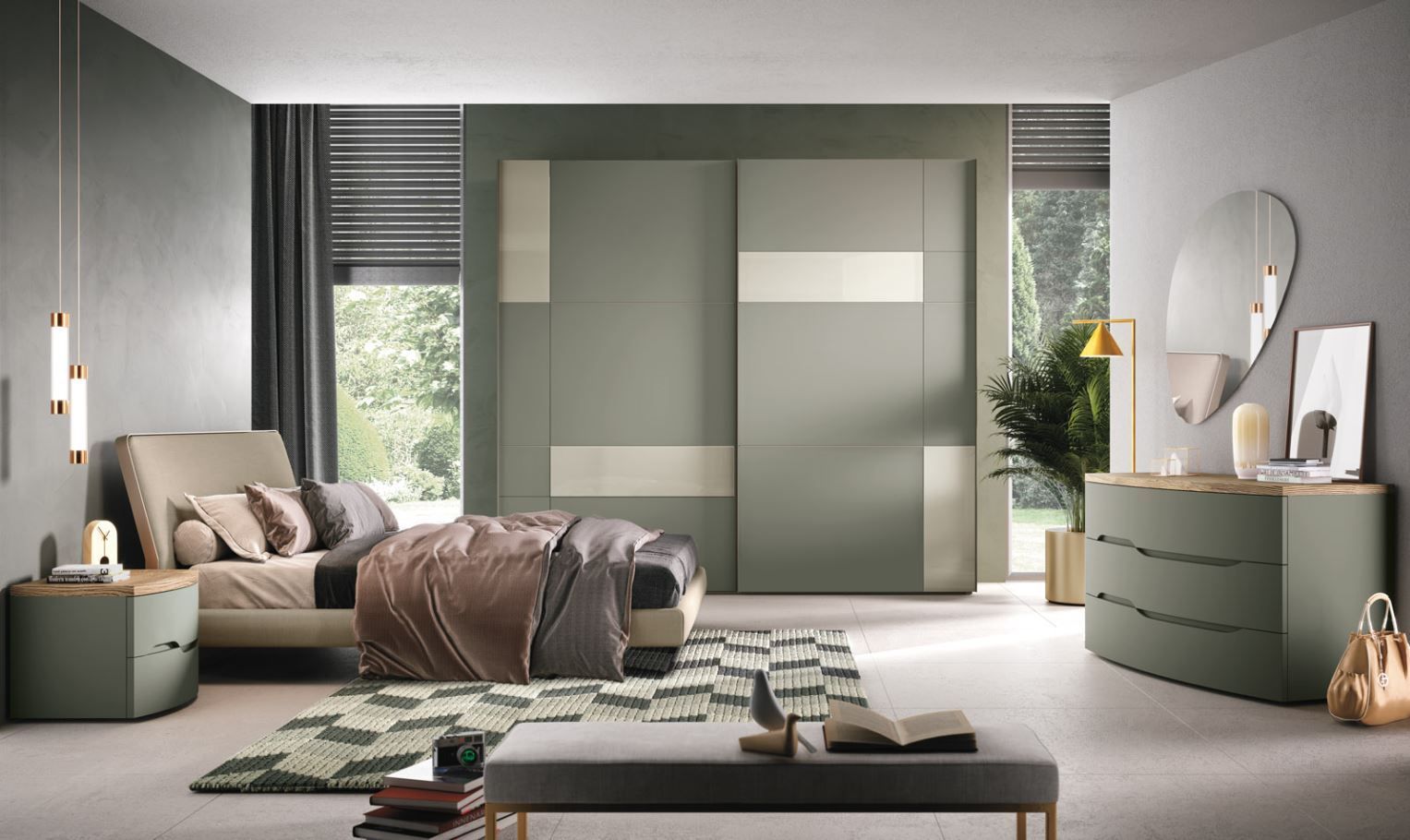 Camera da letto con mobili verdi, letto, armadio, cassettiera, tappeto e luce naturale proveniente da una finestra.