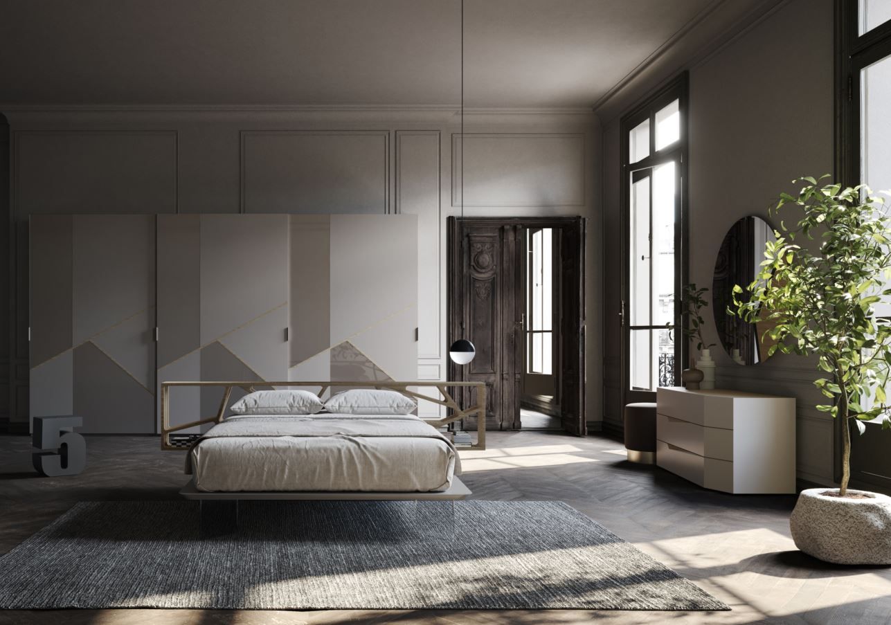 Camera da letto con mobili moderni: letto, cassettiera, ampia finestra, pianta in vaso e armadio decorato.