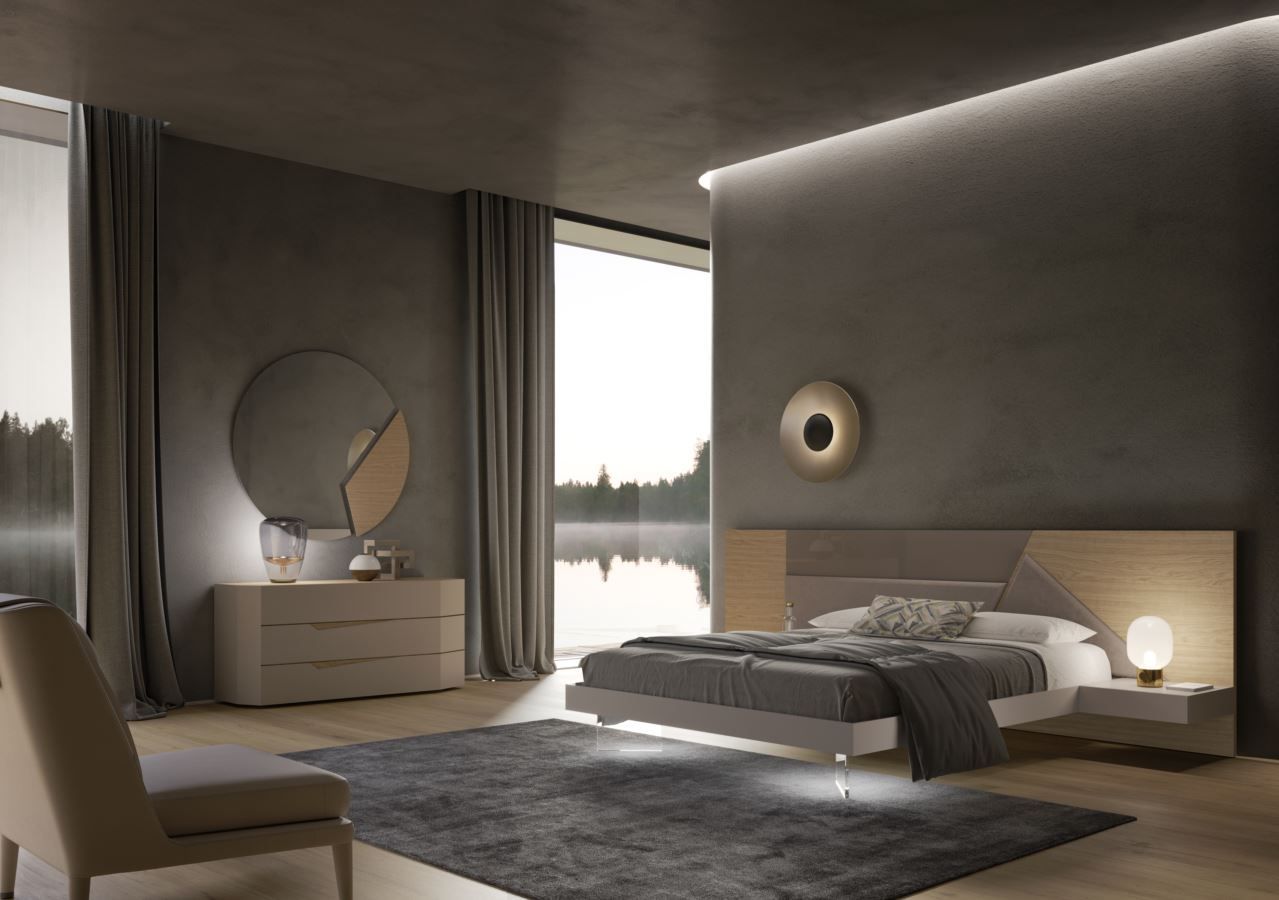 Camera da letto moderna con letto, cassettiera e ampia finestra con vista sull'acqua.