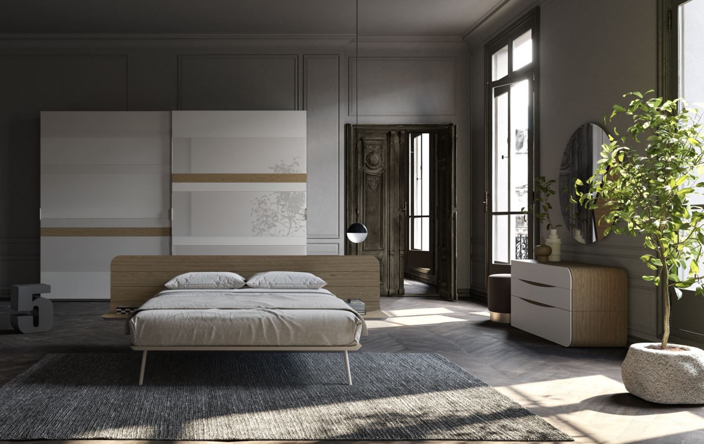 Camera da letto moderna con letto in legno, cassettiera e armadio; ampia finestra; colori grigi e neutri.