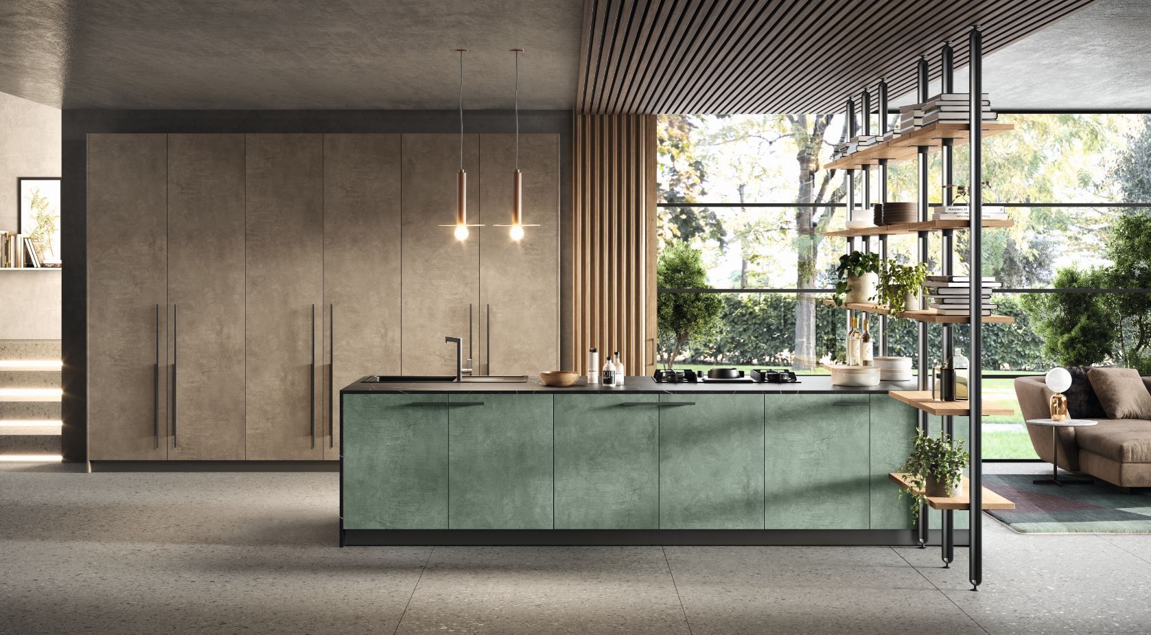 Cucina moderna Aran con isola verde, mobili beige e ampie finestre con vista sull'esterno.