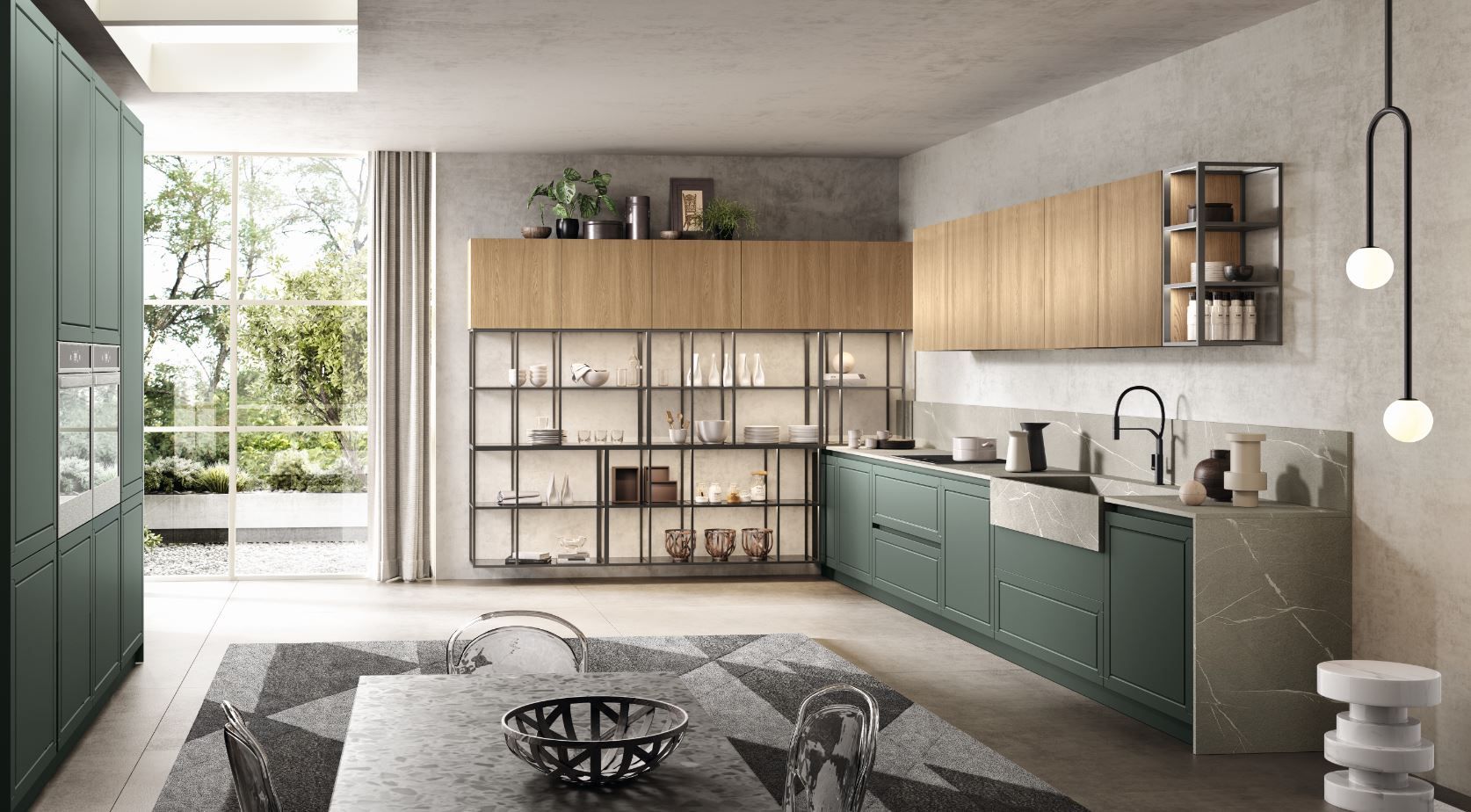Cucina moderna Moretti Compact con mobili verdi, dettagli in legno e una grande finestra. Tavolo da pranzo con tappeto geometrico.