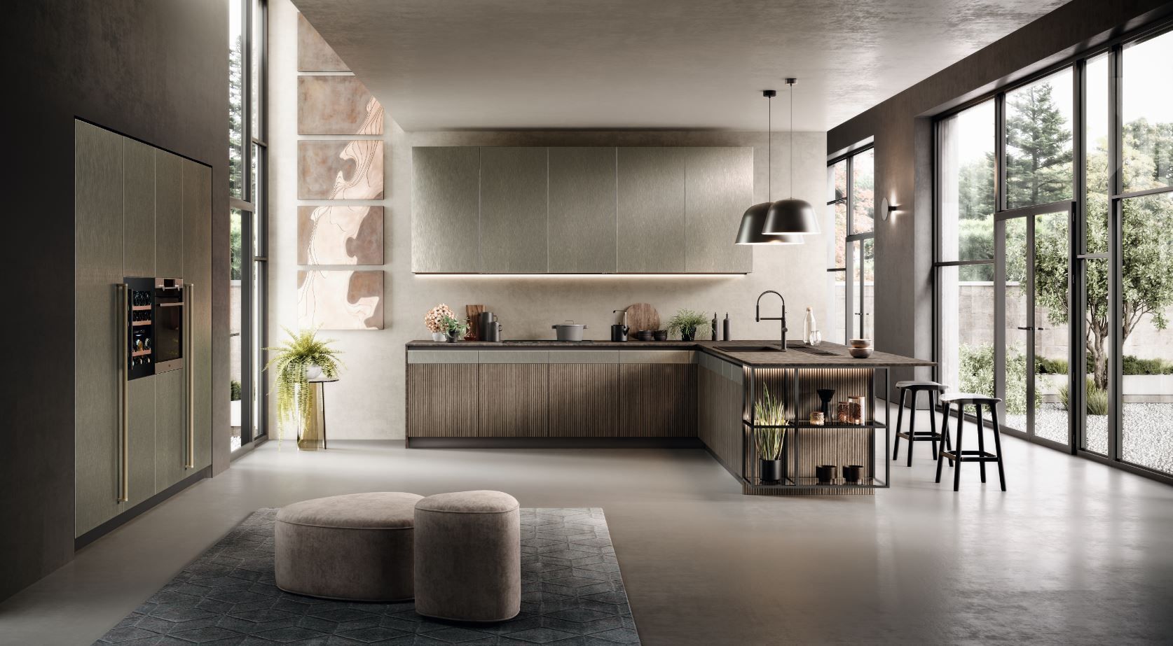 Cucina moderna con mobili in legno e grigi, ampie finestre e un'isola centrale con sgabelli.