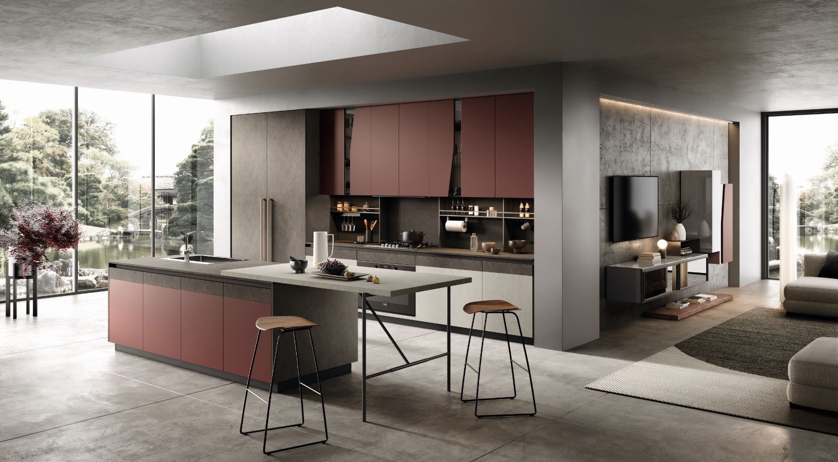 Cucina moderna Moretti compact con mobili e isola rossi, pavimenti in cemento e ampie finestre.