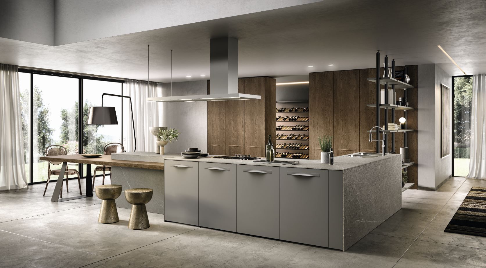 Cucina moderna con isola, mobili in legno e ampie finestre con zona pranzo.