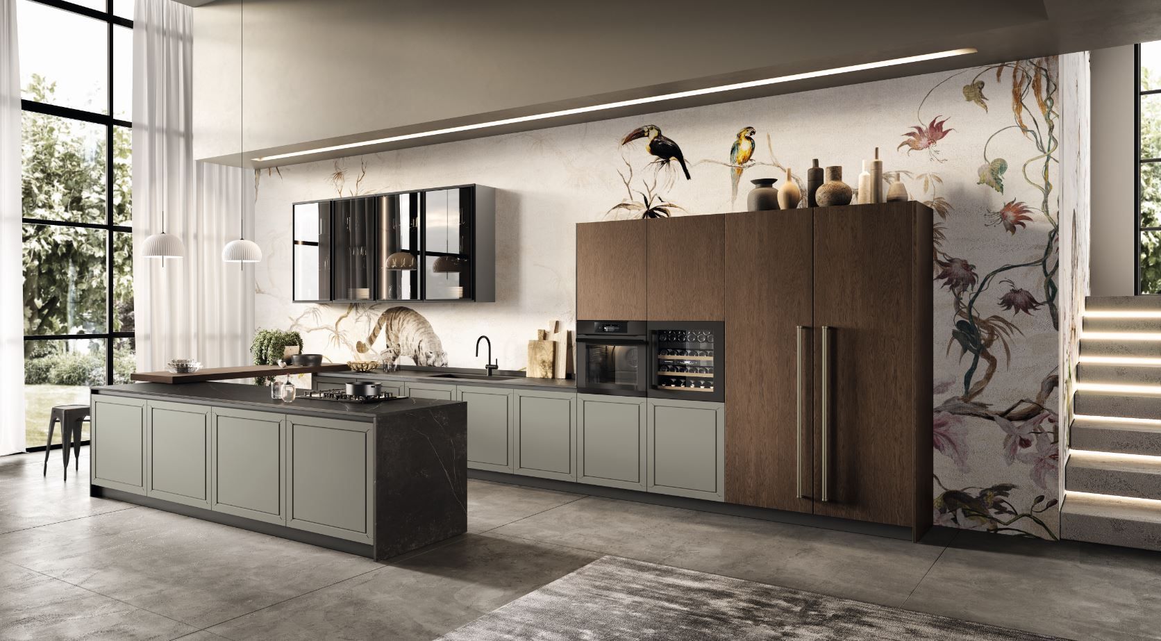 Cucina moderna con mobili beige, isola in legno, tavolo da pranzo e piante.
