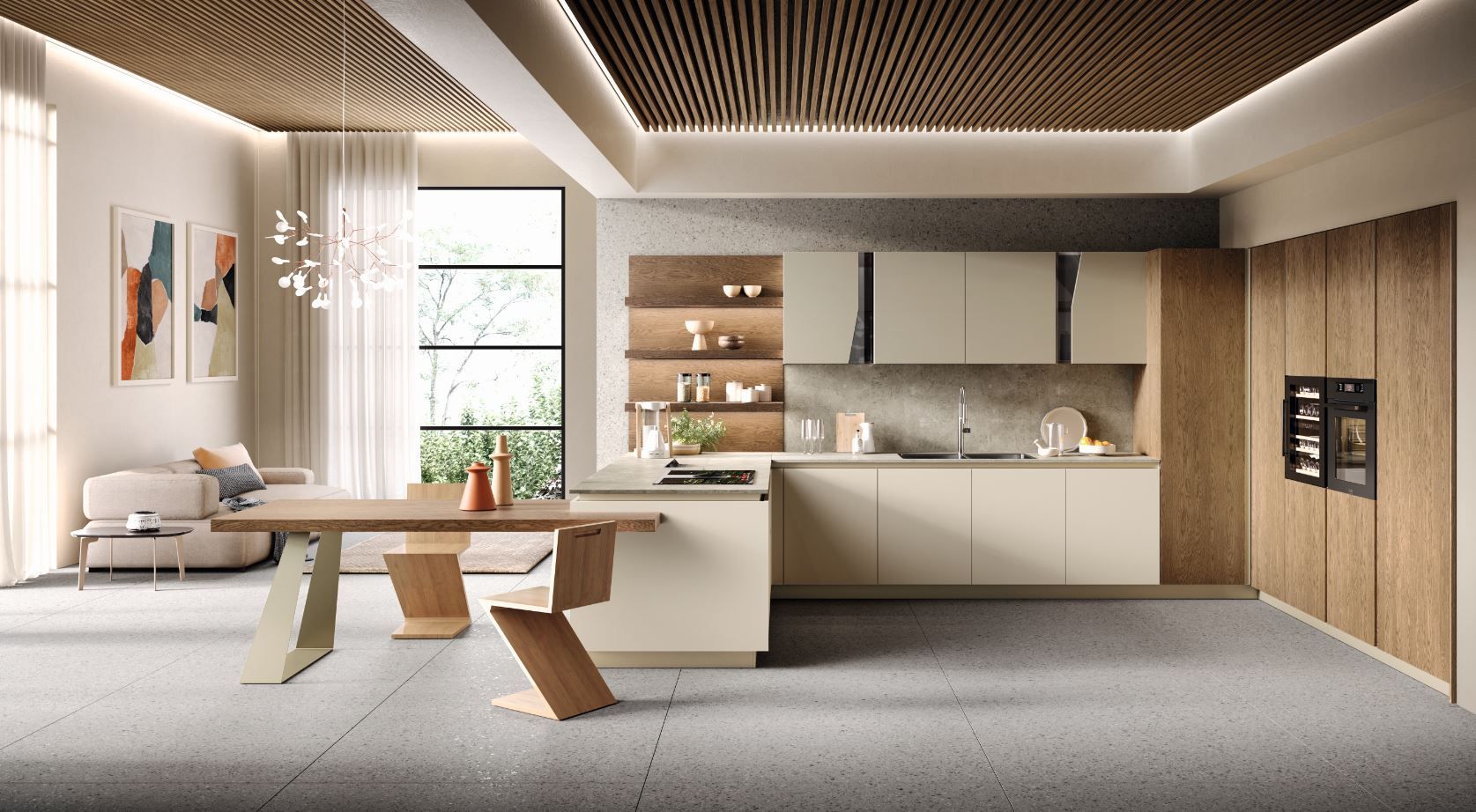 Cucina moderna con toni neutri e dettagli in legno, dotata di tavolo da pranzo ed elettrodomestici da incasso.