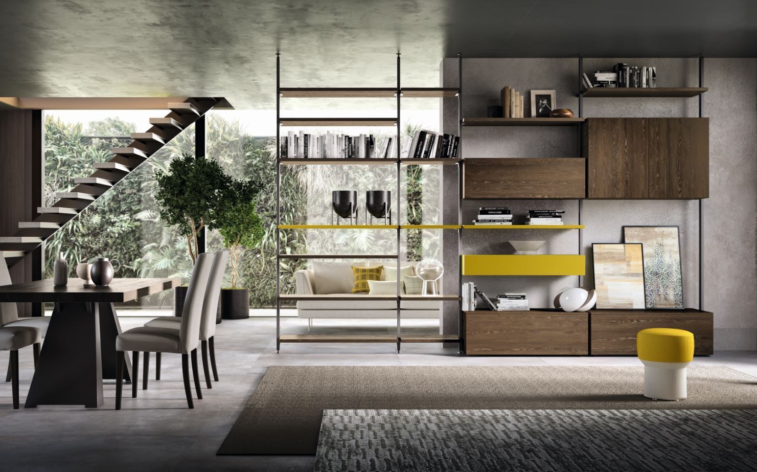 Soggiorno moderno con mensole sospese, tavolo da pranzo e scala che conduce al verde esterno.