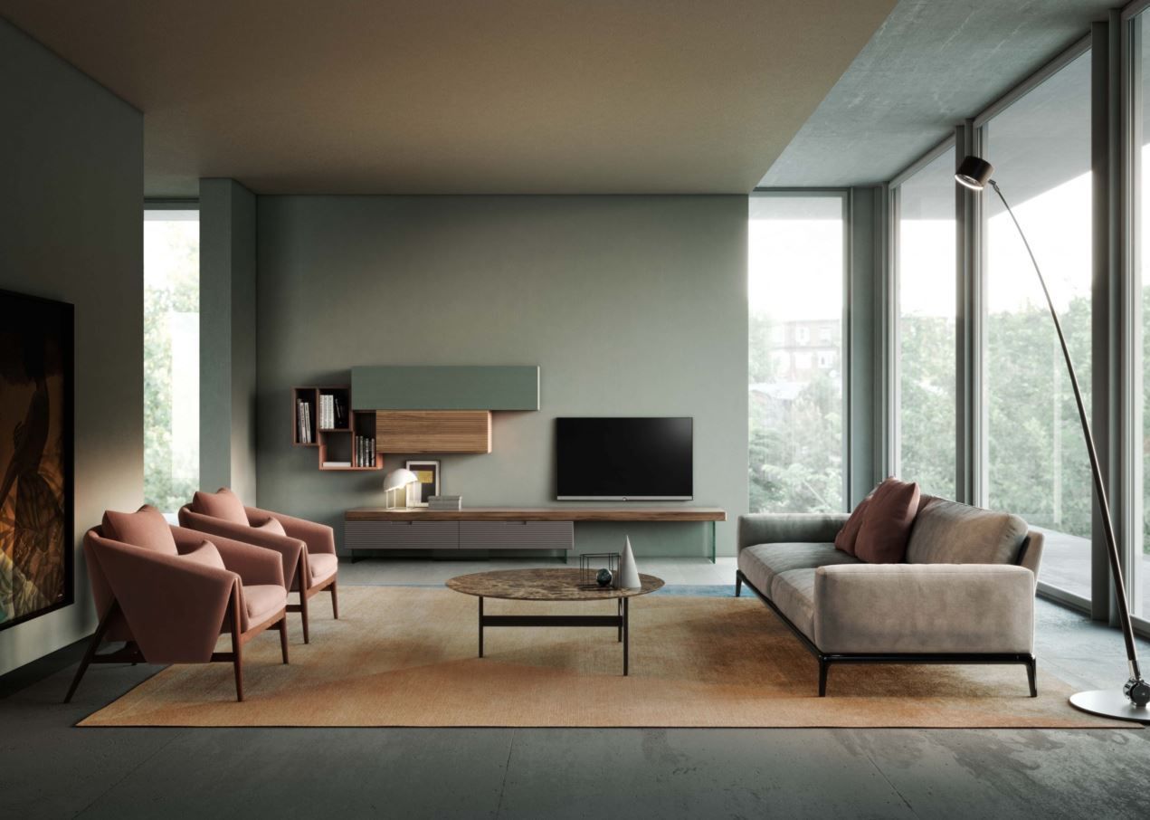 Soggiorno moderno con colori neutri, ampie finestre, divano, poltrone e tavolino.