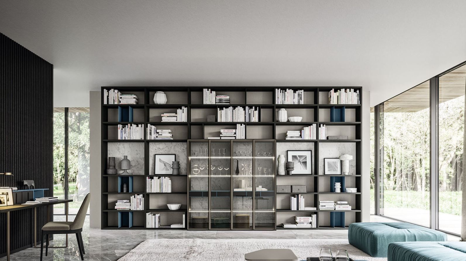 Soggiorno moderno con grande libreria nera piena di libri e decorazioni.