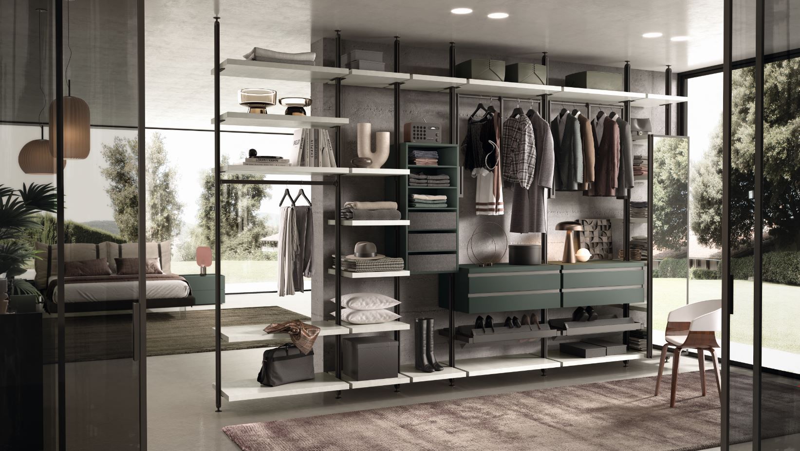Moderna cabina armadio dai toni neutri, con abiti esposti e un'accogliente zona salotto.