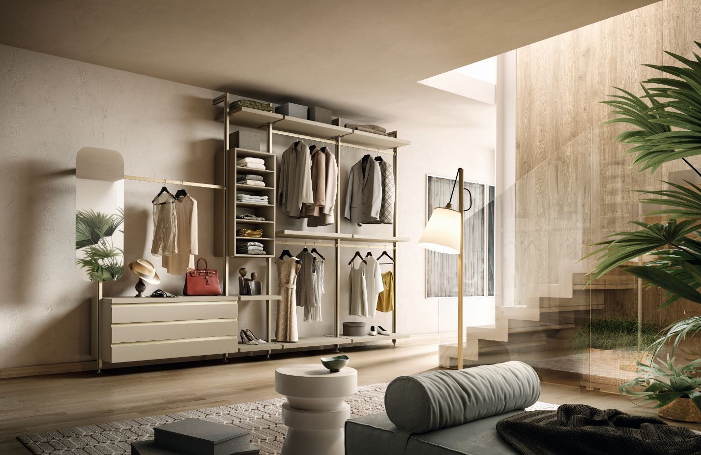 Cabina armadio con pareti scure, ripiani illuminati e vestiti. Al centro, un tappeto a fantasia e una sedia.