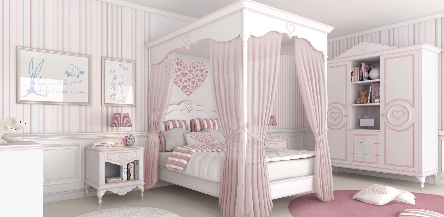 Una cameretta da letto rosa e bianca con un letto a baldacchino, un armadio e decorazioni a forma di cuore stile classico Salerno