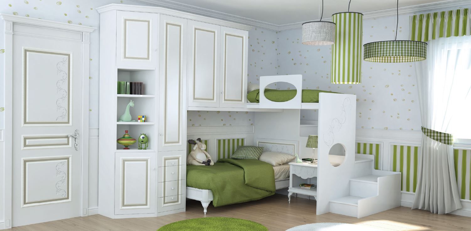 Una cameretta per bambini a tema bianco e verde con letto a castello, armadio e porta.