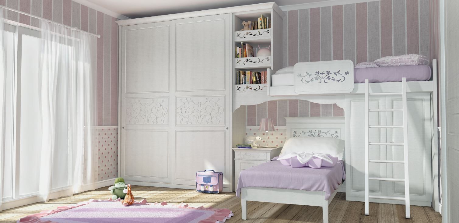 Cameretta con mobili bianchi in stile classico, biancheria da letto lilla e pareti a righe.