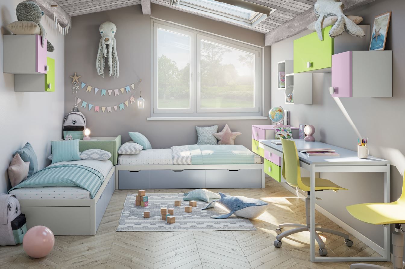 Una cameretta colorata per bambini con due letti, una scrivania ed elementi decorativi.
