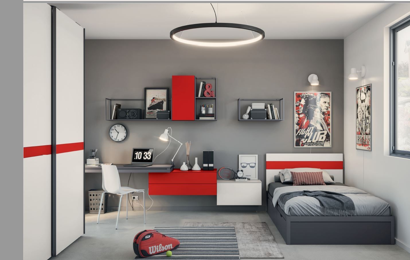 Camera da letto moderna nei toni del grigio, bianco e rosso con scrivania, letto e armadio.