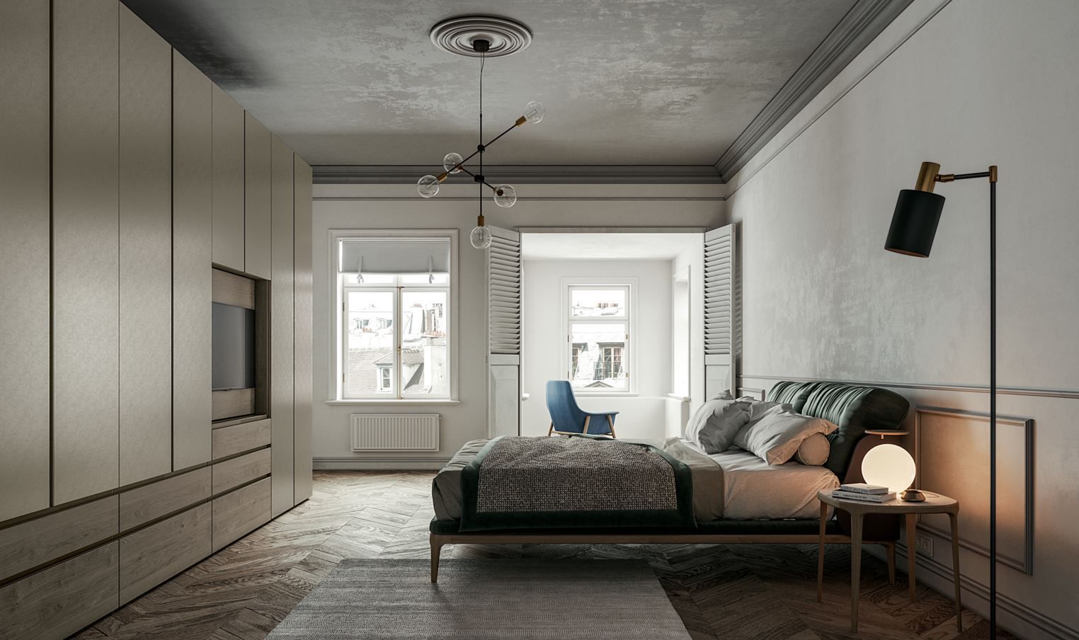 Camera da letto moderna dai toni neutri; ampio armadio, letto e lampada da terra.