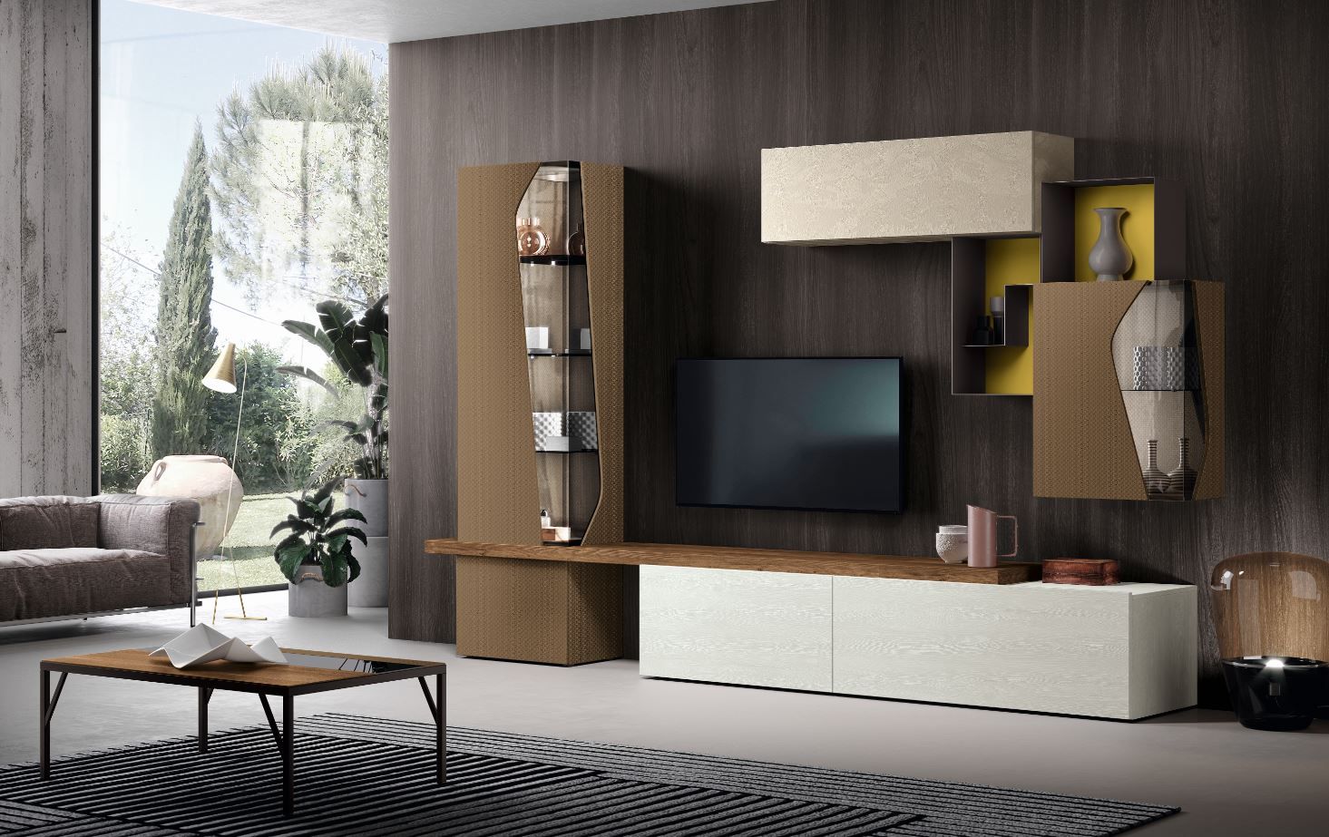 Soggiorno moderno con parete attrezzata marrone e bianca, TV, divano e tappeto.