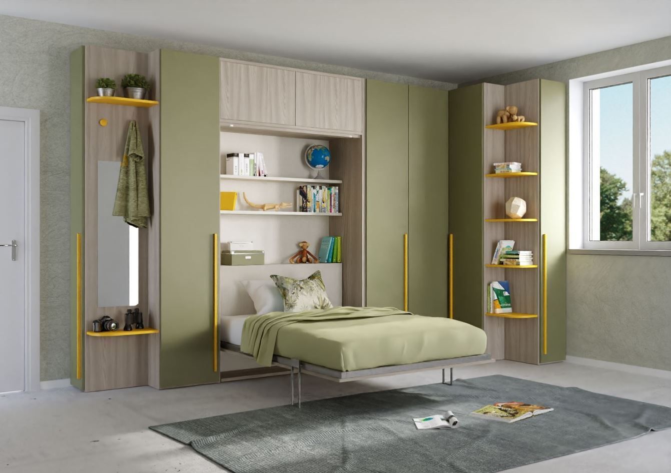Una camera da letto con letto a scomparsa, contenitore integrato e scaffalature. Tonalità del verde e del legno chiaro.