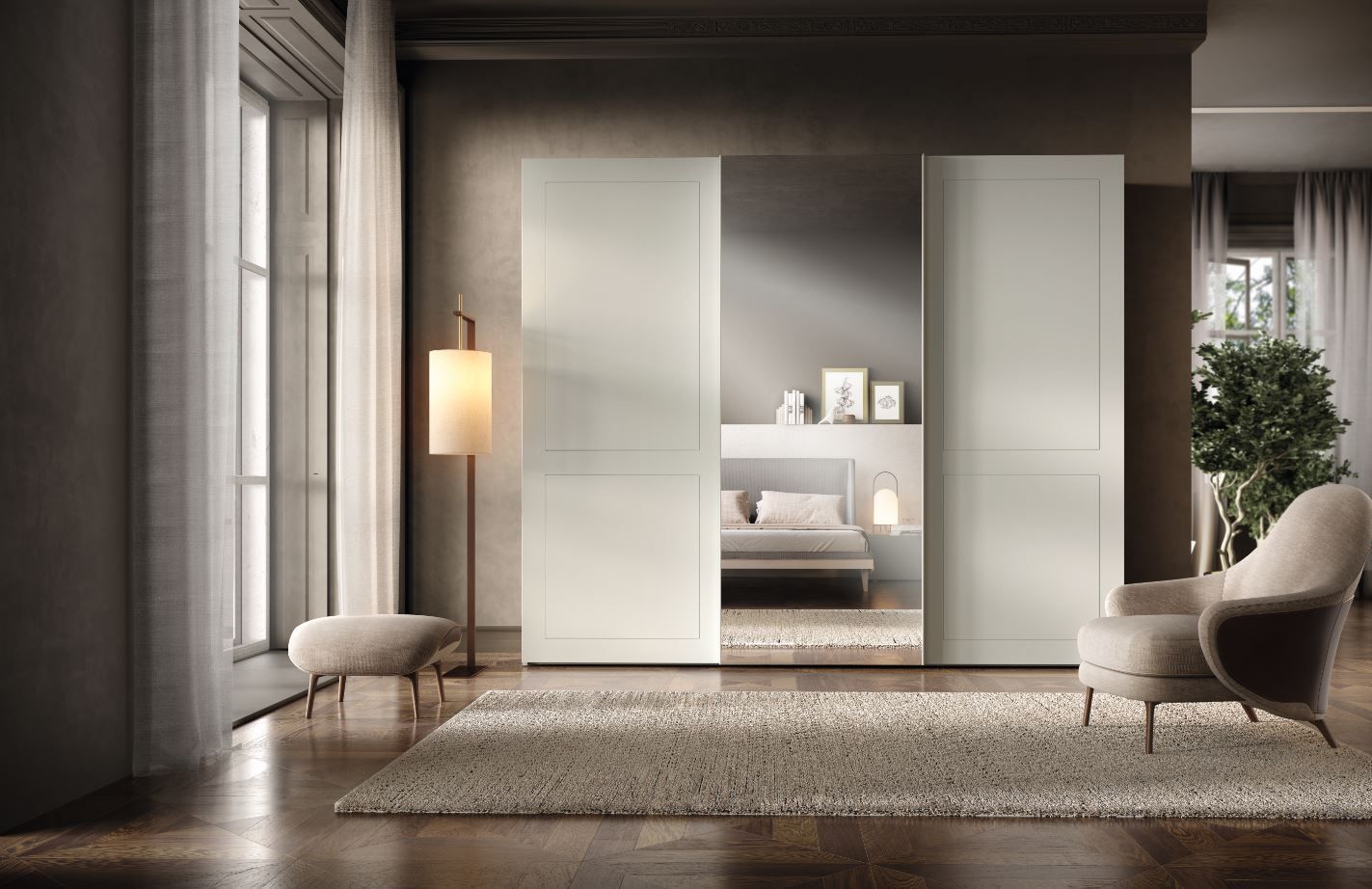 Una camera da letto moderna con un ampio armadio, un tappeto, una sedia e una finestra. L'armadio ha uno specchio.