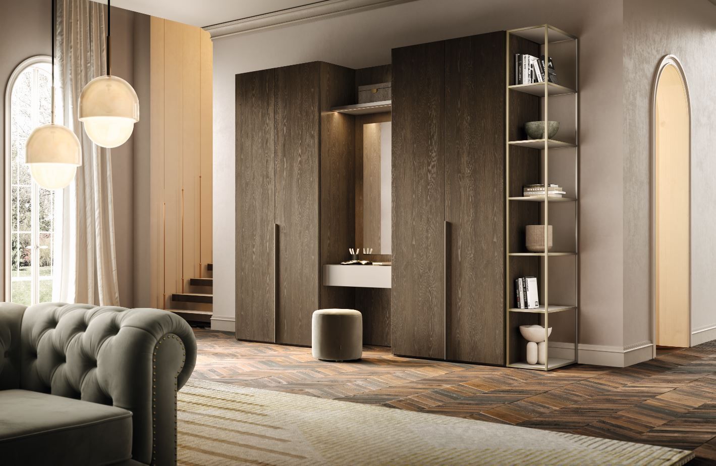 Elegante armadio in legno con mobiletto integrato e ripiani a vista in un moderno spazio abitativo.