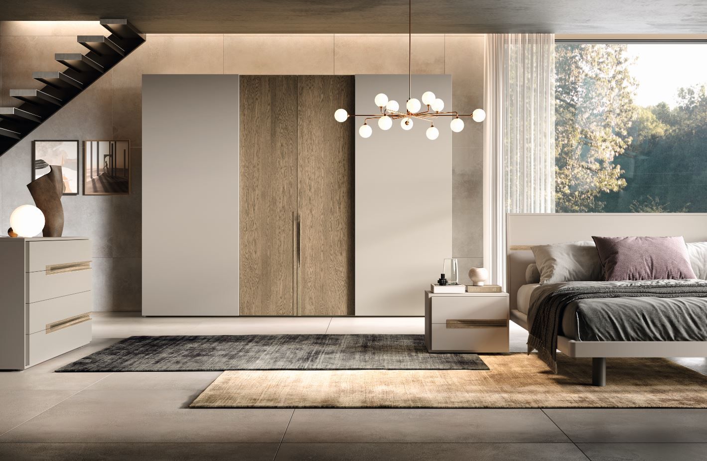 Camera da letto con ampio armadio, letto, comodino e tappeto. Design moderno, colori neutri.