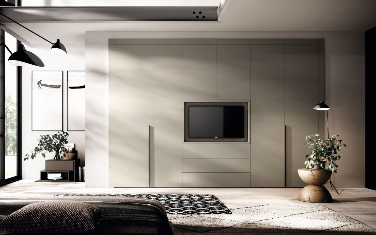 Camera da letto moderna con ampio armadio, TV e arredamento minimalista; pareti grigio chiaro, dettagli scuri e piante.