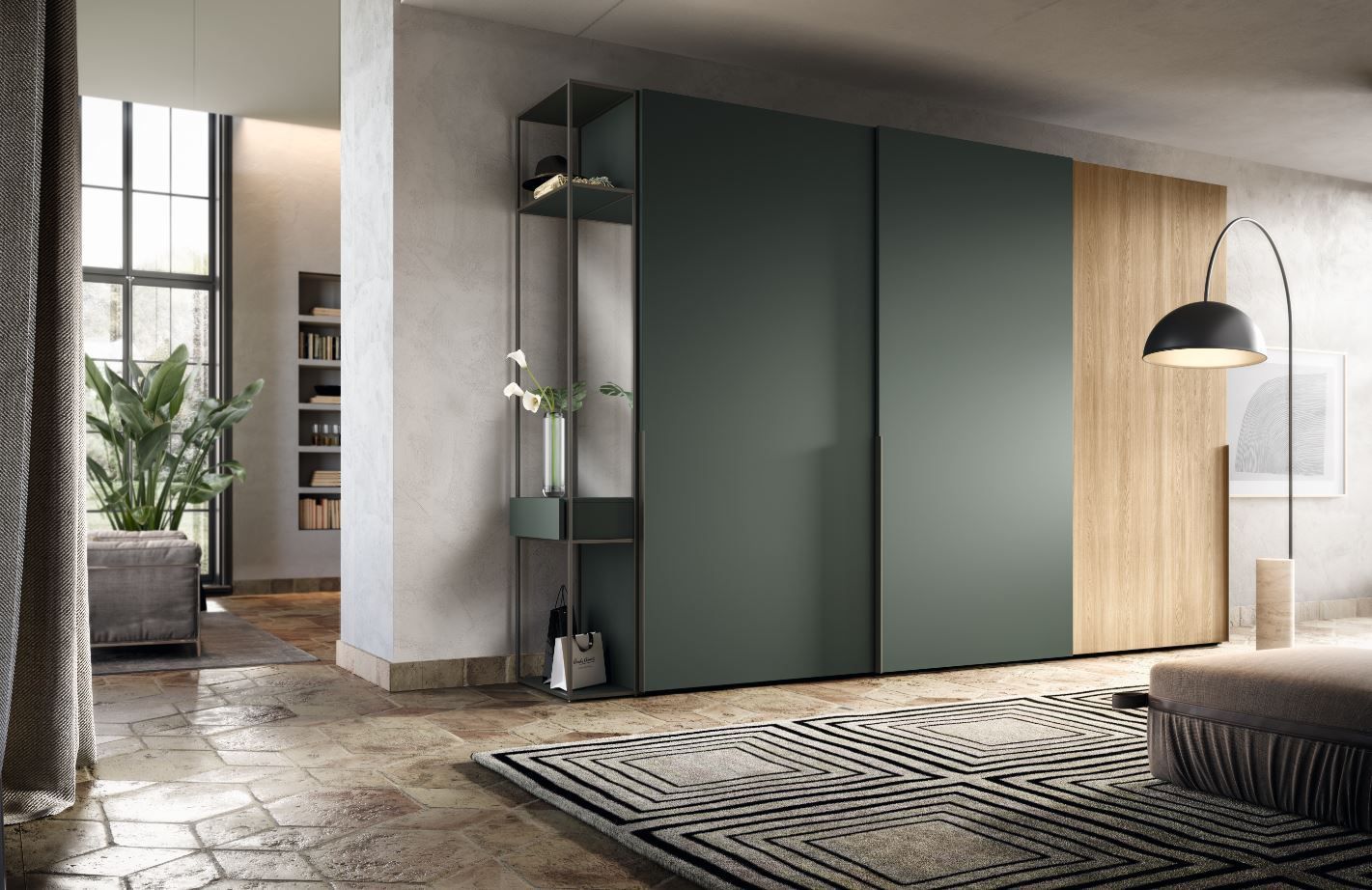 Camera da letto moderna con grandi porte scorrevoli verdi, pannelli in legno, scaffalature e tappeto a fantasia.