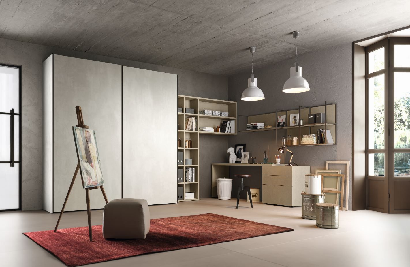 Studio d'arte con cavalletto, grande armadio, scrivania e scaffali; tappeto rosso.