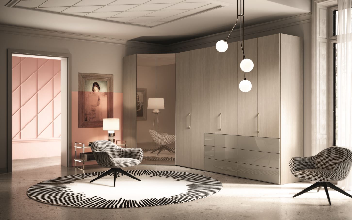 Armadio angolare in una camera da letto moderna con due sedie girevoli e un tappeto circolare.