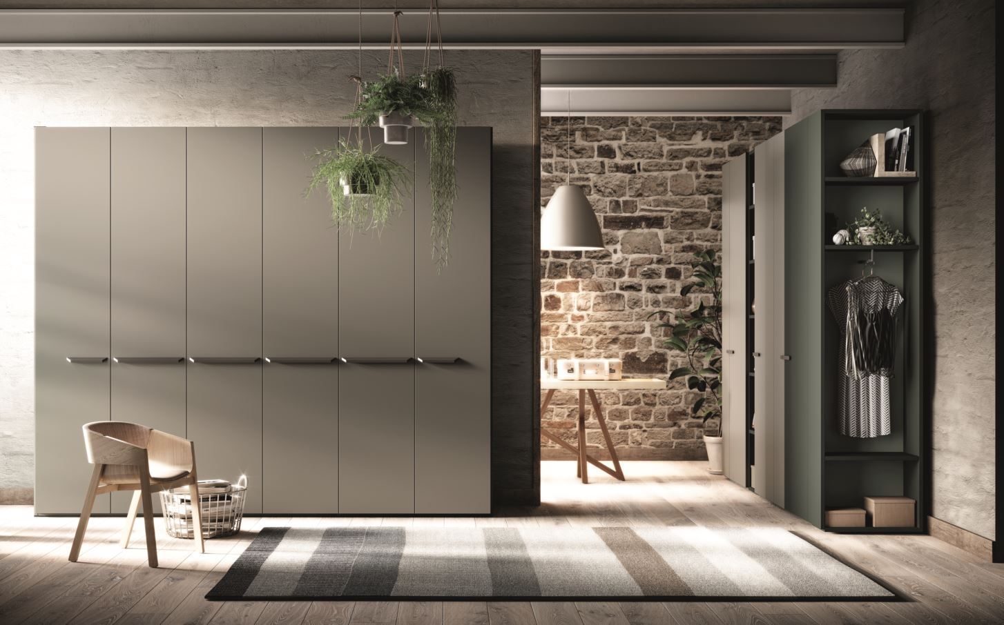 Camera da letto moderna con ampio armadio, sedia e tappeto. Piante sospese e parete con mattoni a vista.