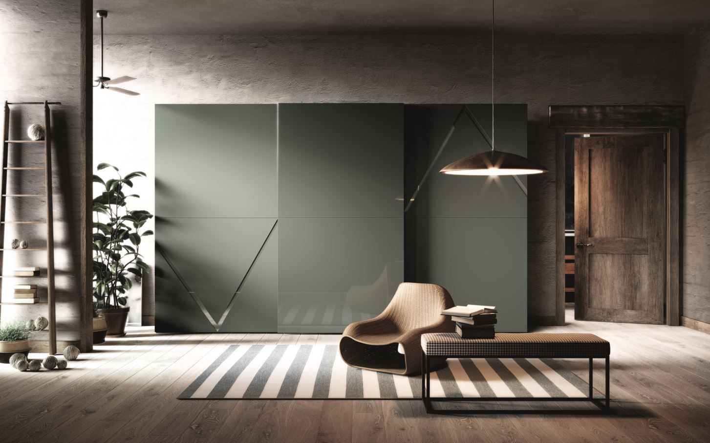 Camera moderna con grandi ante verdi dell'armadio, sedia, tappeto e lampada a sospensione.