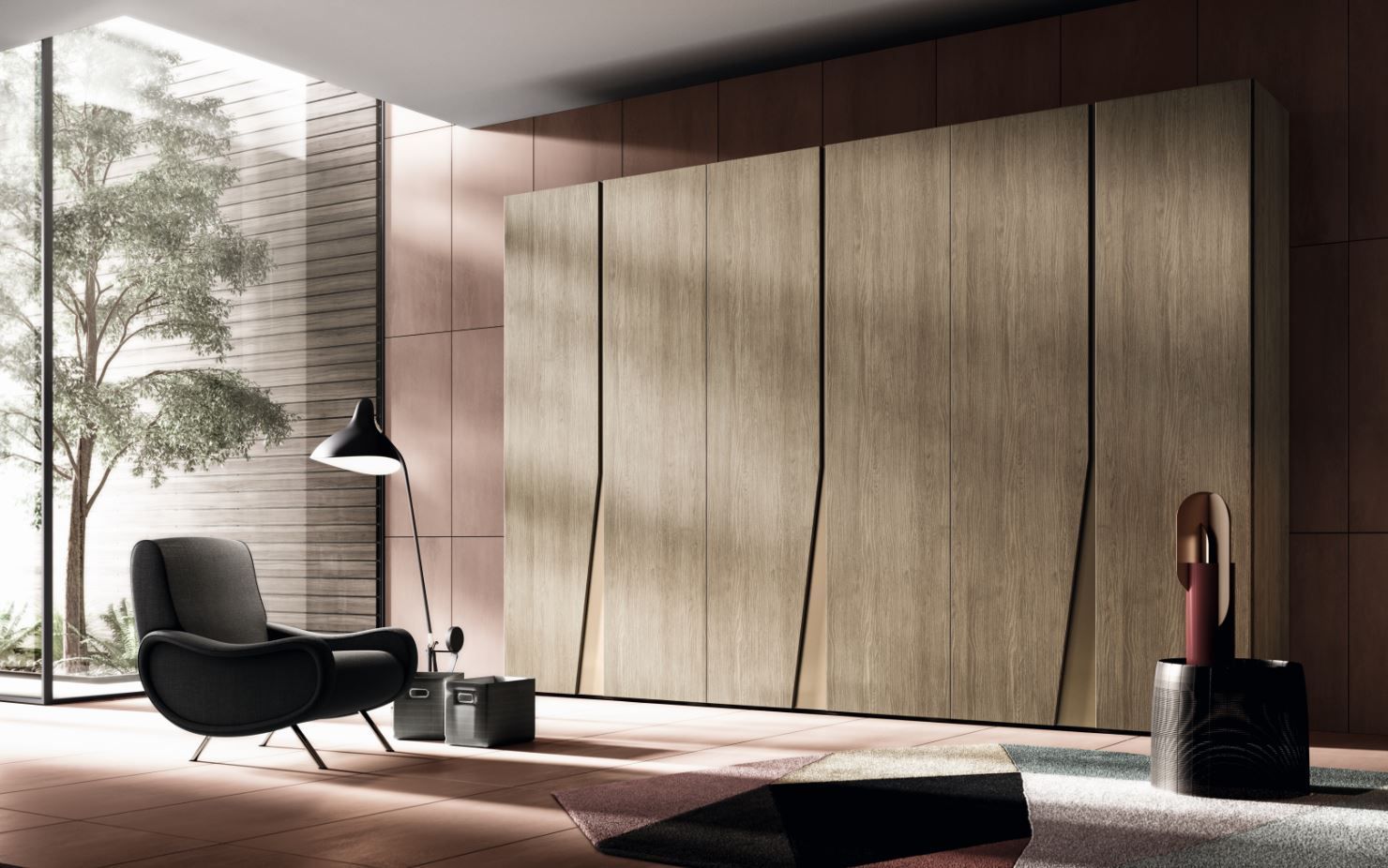 Camera da letto moderna con grande armadio in legno, sedia nera, lampada e scultura.