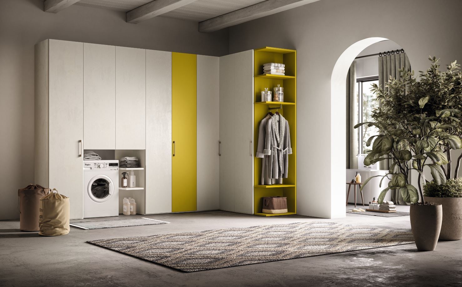 Lavanderia con mobili bianchi e gialli, lavatrice, tappeto e porta ad arco.