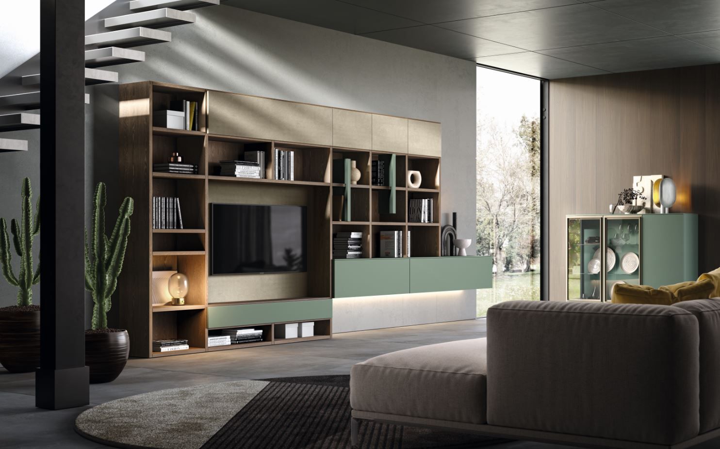 Soggiorno con moderni scaffali integrati, TV e divano componibile; tonalità verde salvia e neutre.