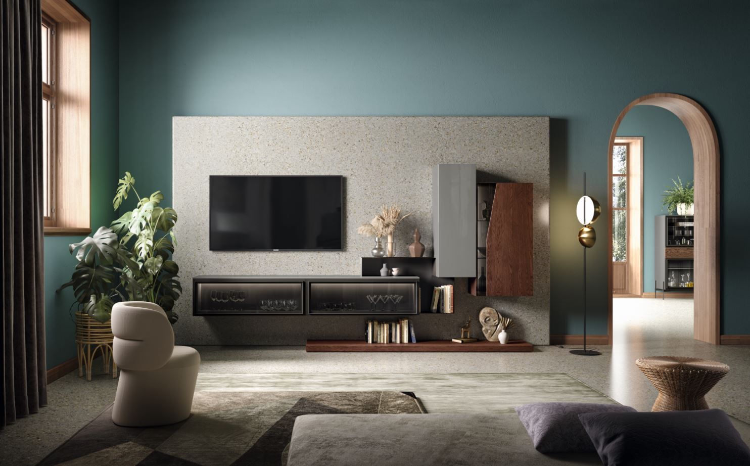 Soggiorno moderno con pareti blu-verdi, centro di intrattenimento integrato, TV e porta ad arco.