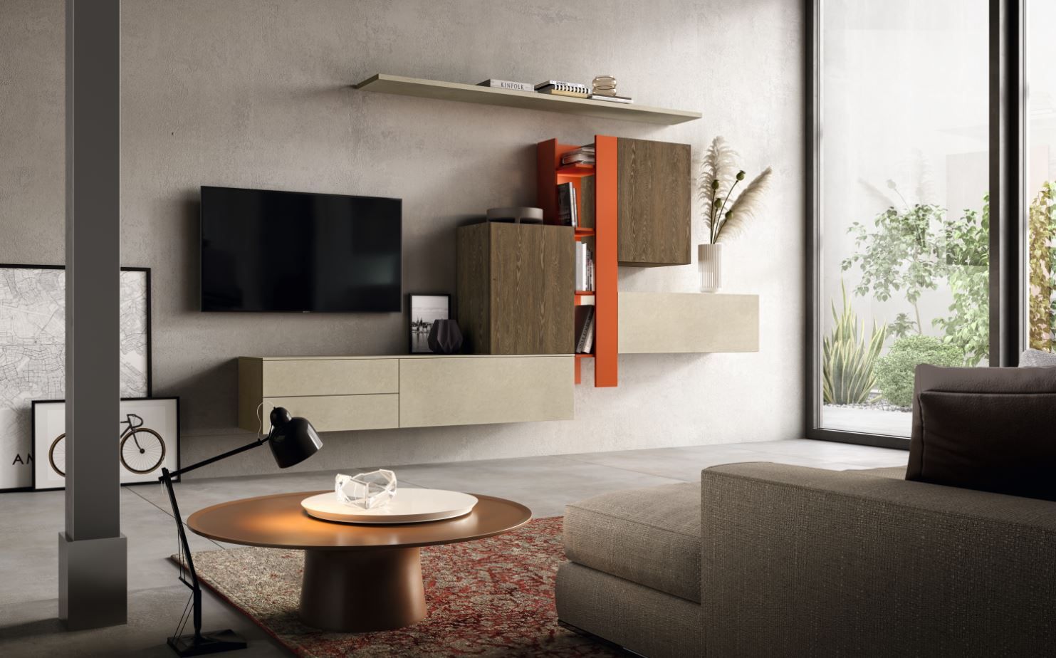 Soggiorno moderno con consolle multimediale sospesa, TV e mensole decorative; tavolino e divano.