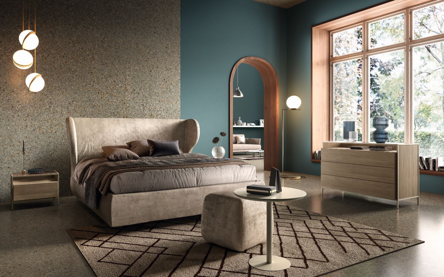 Camera da letto con letto grande, finestra, cassettiera, tappeto, parete color verde acqua e illuminazione decorativa.