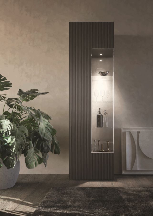 Moderna vetrina illuminata, con esposizione di bicchieri e bottiglie. Accanto a una grande pianta in vaso, in una stanza dai toni neutri.