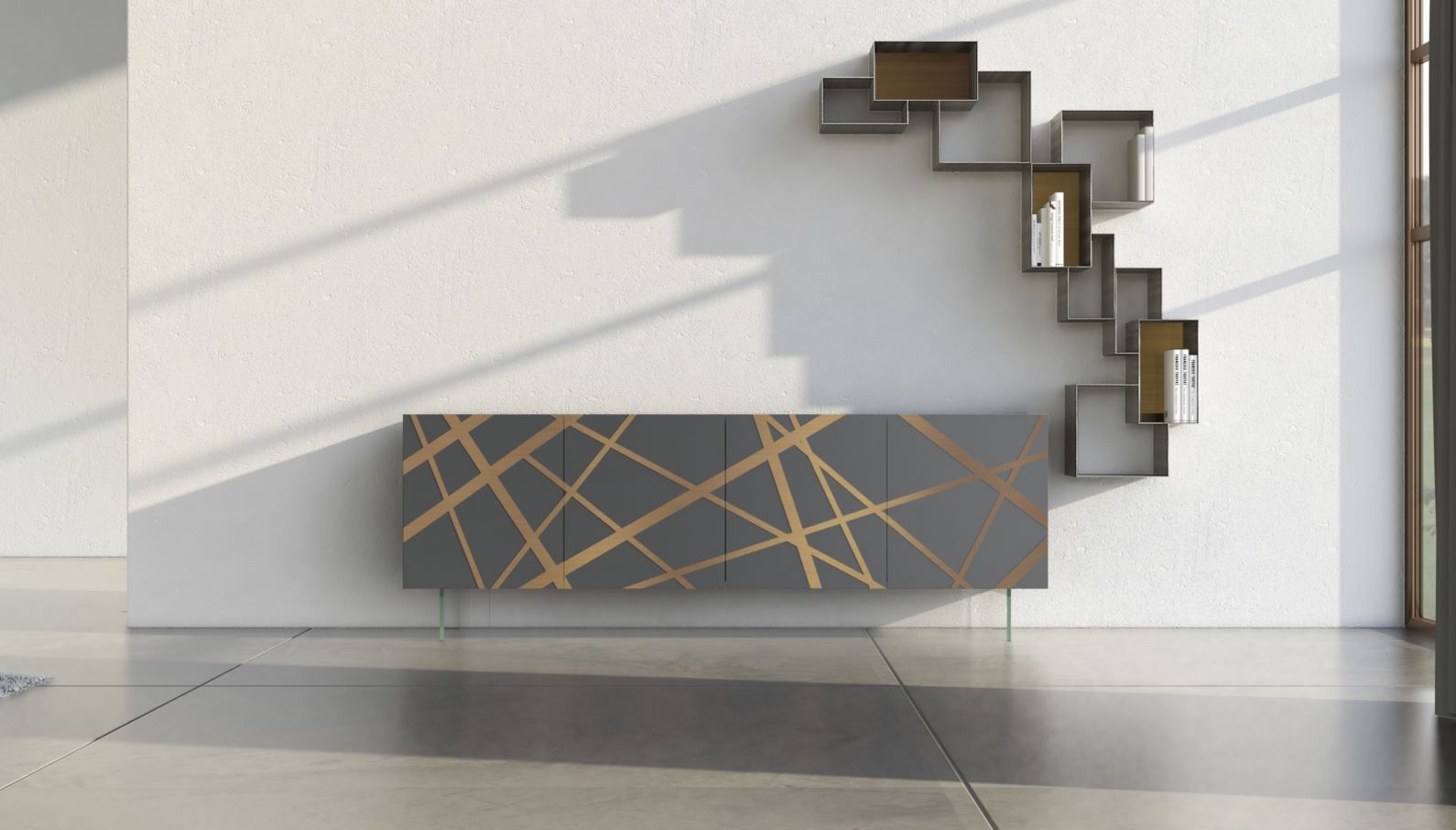 Mobile grigio con design a linee dorate, con mensole a muro abbinate.