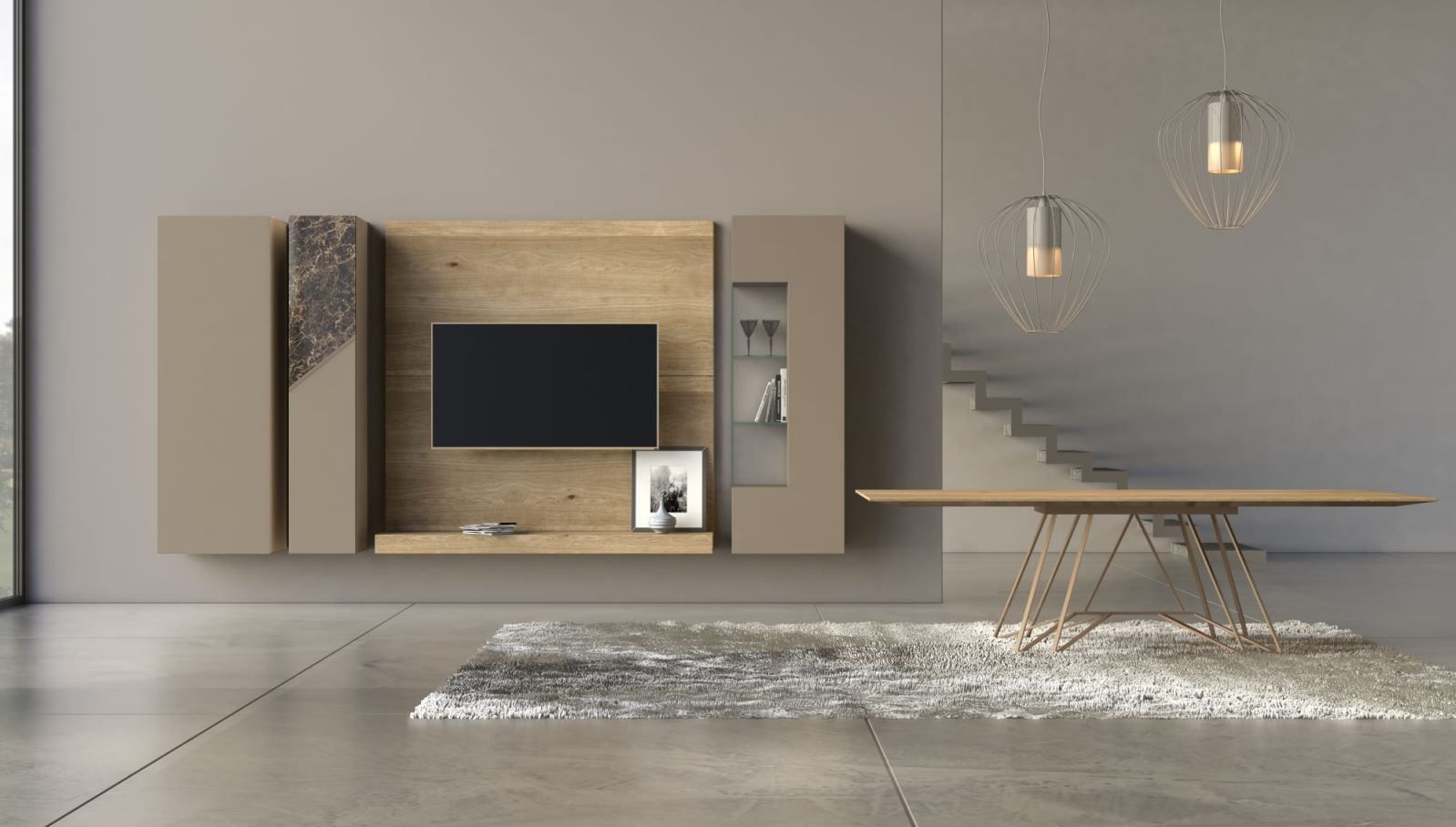 Soggiorno moderno con parete attrezzata color tortora e legno, TV, tappeto, tavolo e lampade a sospensione.