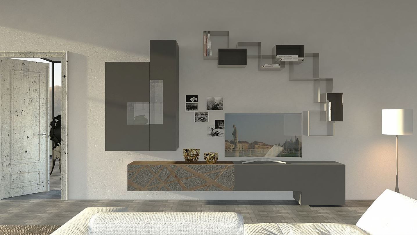 Soggiorno moderno con mobiletto per l'intrattenimento grigio montato a parete, TV, decorazioni e porta aperta.