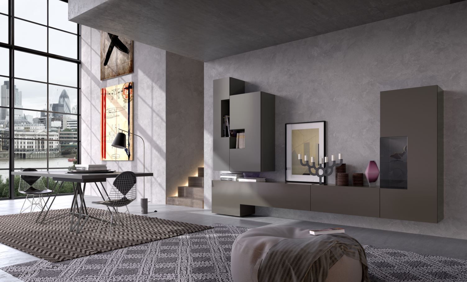 Soggiorno moderno con parete attrezzata grigia, vista sulla città e tappeto.