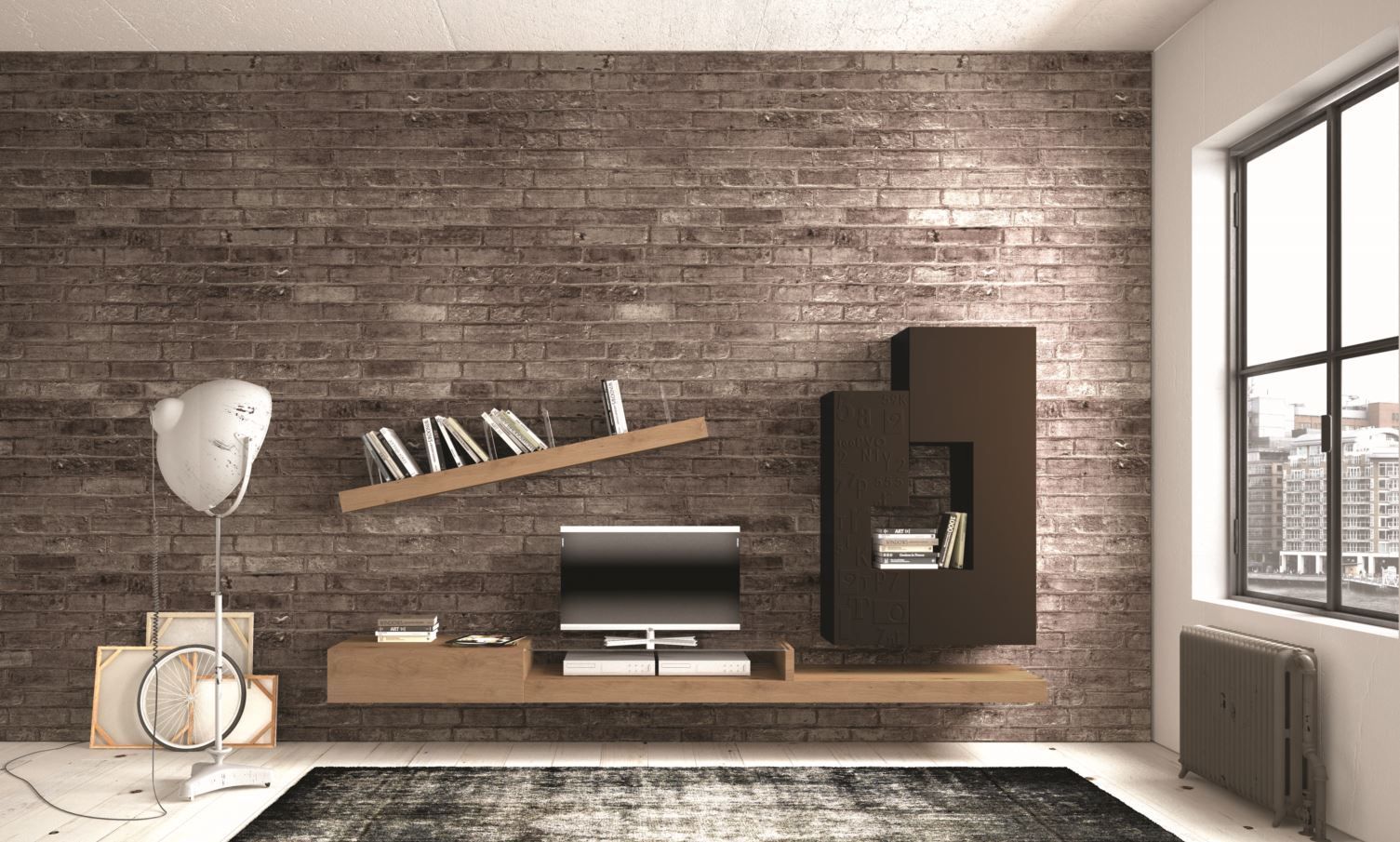 Soggiorno con parete in mattoni, mensole sospese, mobili moderni e una grande finestra.