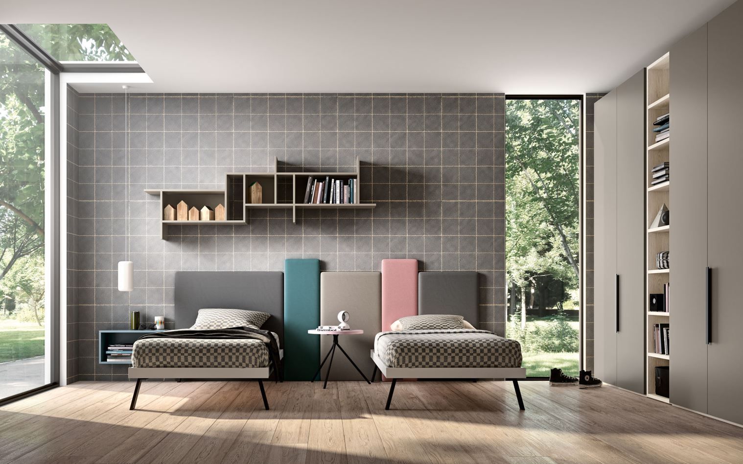 Camera da letto moderna con due letti singoli, testiere colorate, armadio a muro e ampie finestre con vista sull'esterno.