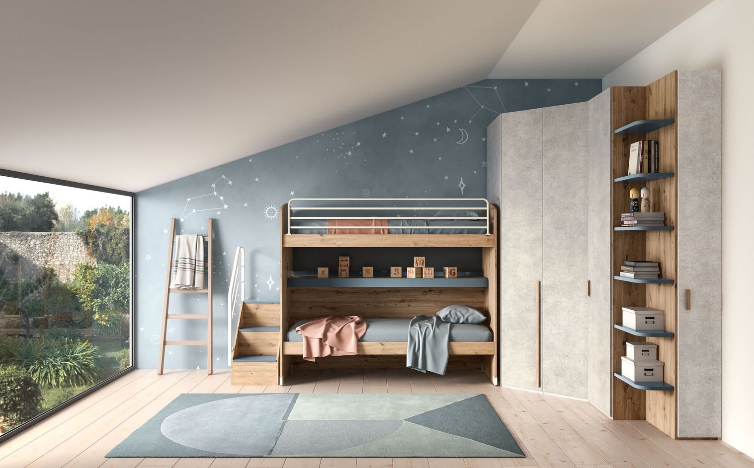 Moderna camera da letto con letto a castello, armadio, scaffali e ampia finestra con vista sul giardino.